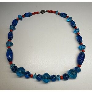Vintage Art Deco Czech Glass Bead Necklace Blue Red Sterling Silver Clasp 16.5"